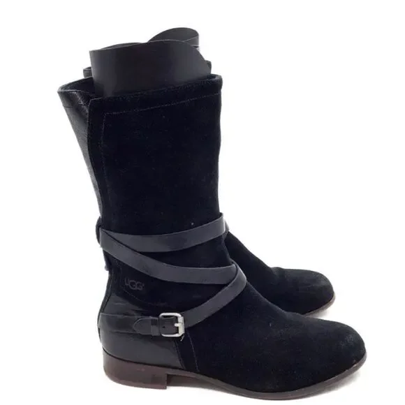 Ugg Women's Deanna Black Suede Leather Riding Boots - Size 7.5 - Picture 3 of 6